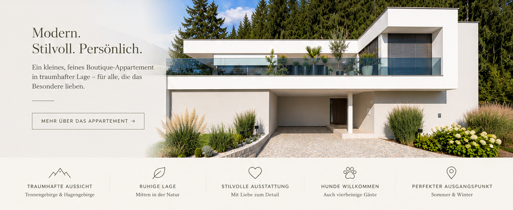 Eva's Appartement in Werfenweng/Pongau (Salzburger Land, wo die Berge zuhause sind! Natur und Berge in Salzburg). Modern, stillvoll, persönlich: Ein kleines, feines Boutique-Appartement in traumhafter Lage - für alle, die das Besondere lieben. Traumhafte Aussicht: Tennengebirge & Hagengebirge. Ruhige Lage: Mitten in der Natur. Stilvolle Ausstattung: Mit Liebe zum Detail. Hunde willkommen: Auch vierbeinige Gäste. Perfekter Ausgangspunkt: Sommer & Winter